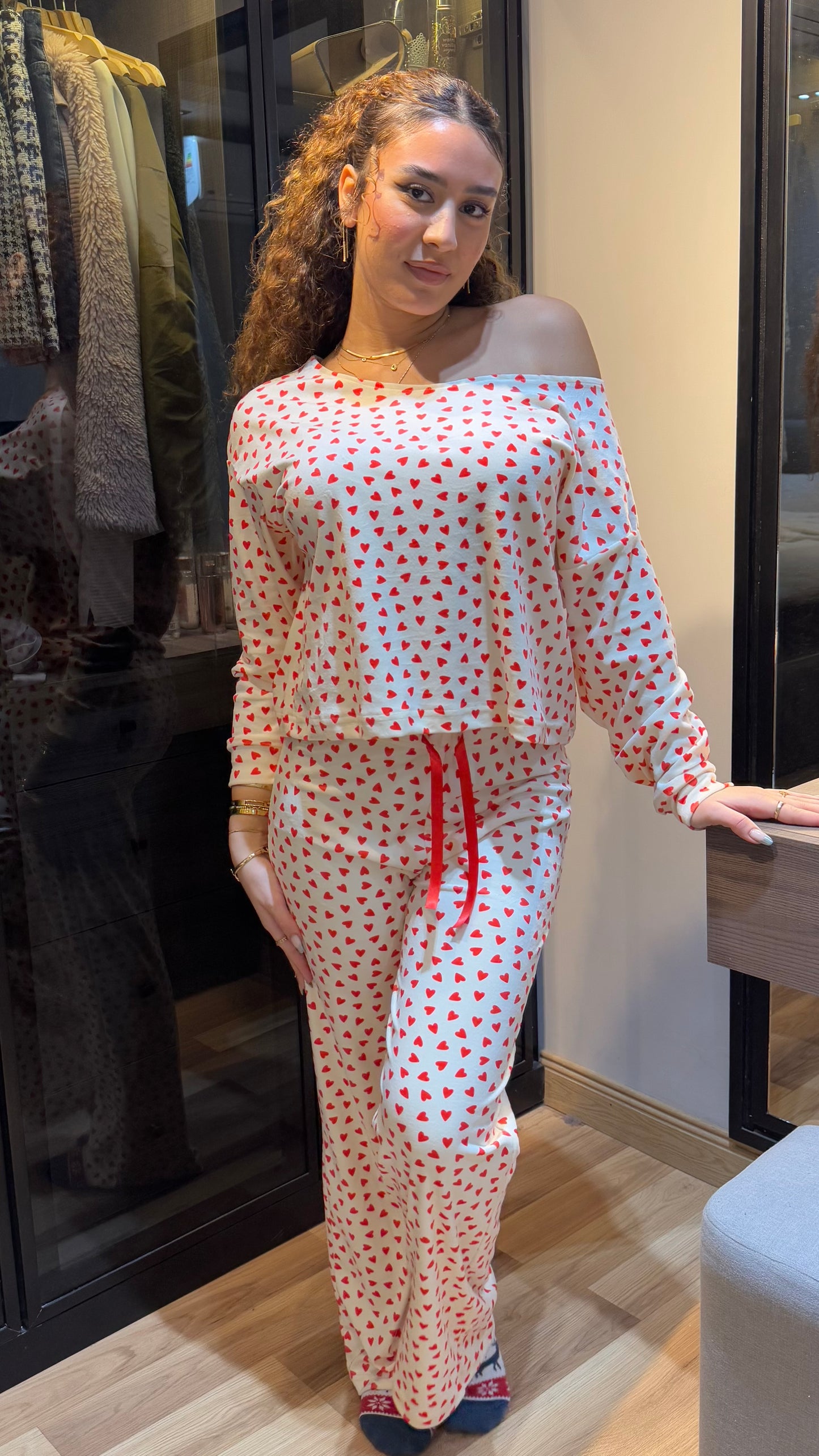 Red Hearts Off Shoulder - Velvet Pyjamas