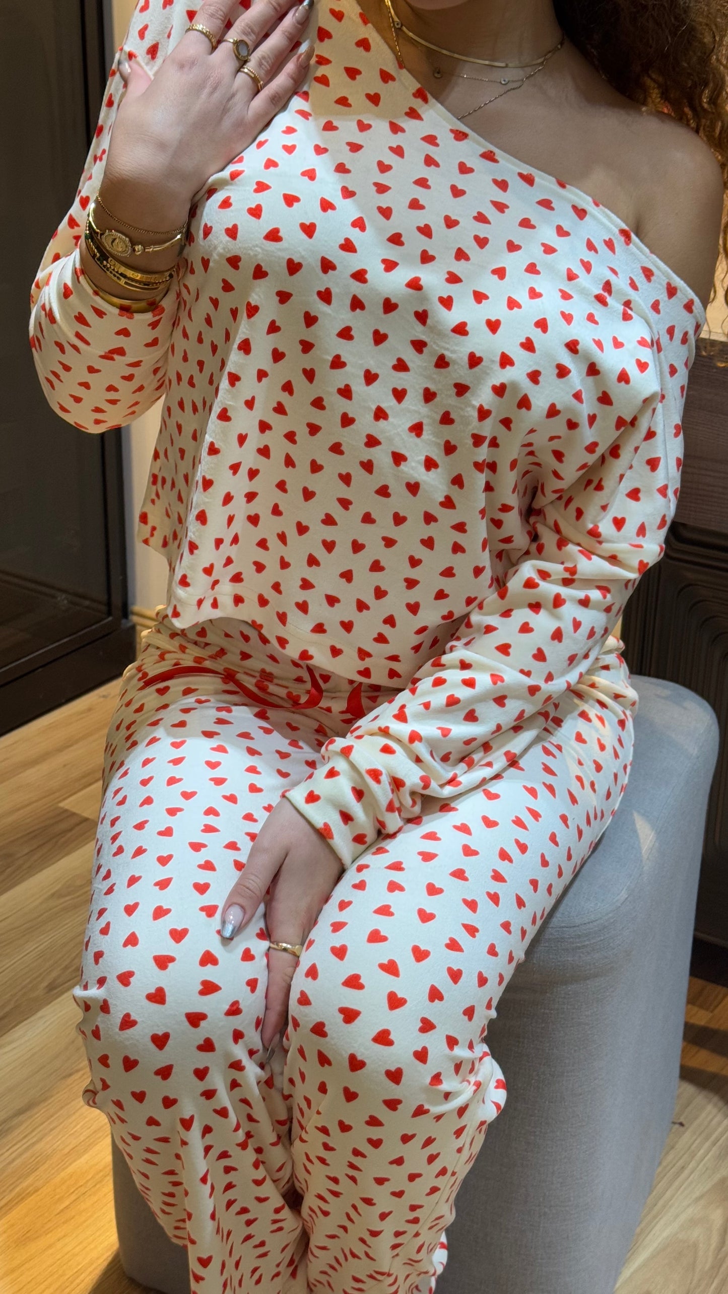 Red Hearts Off Shoulder - Velvet Pyjamas