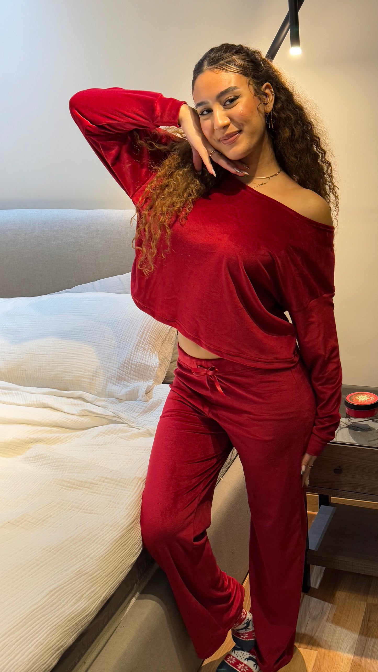 Maroon Wide Leg Off Shoulder - Velvet Pyjamas