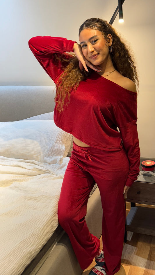 Maroon Wide Leg Off Shoulder - Velvet Pyjamas
