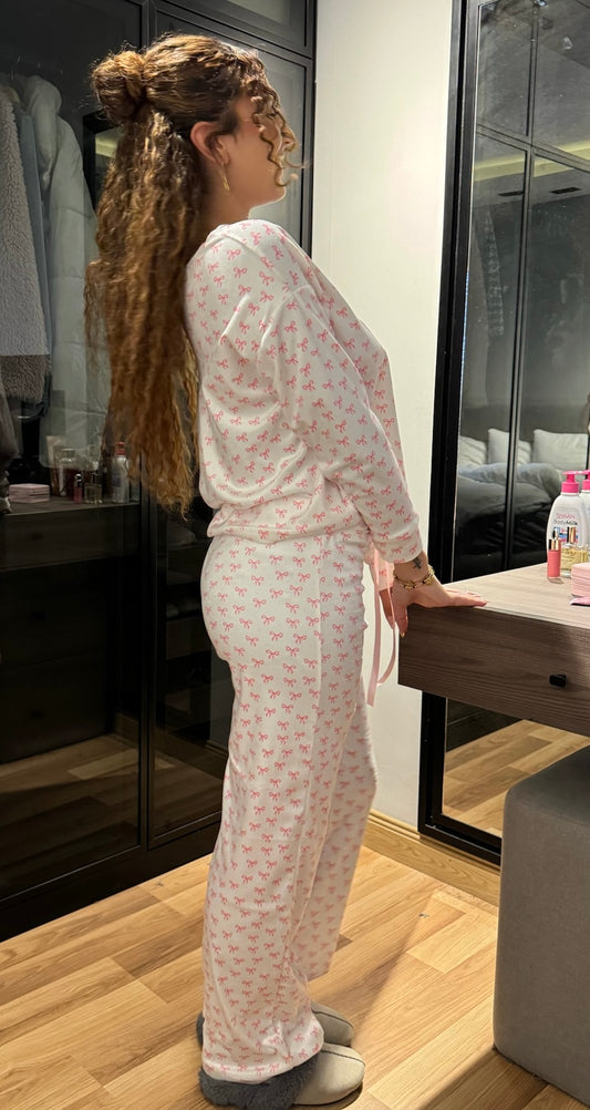 White Bows Off Shoulder - Velvet Pyjamas
