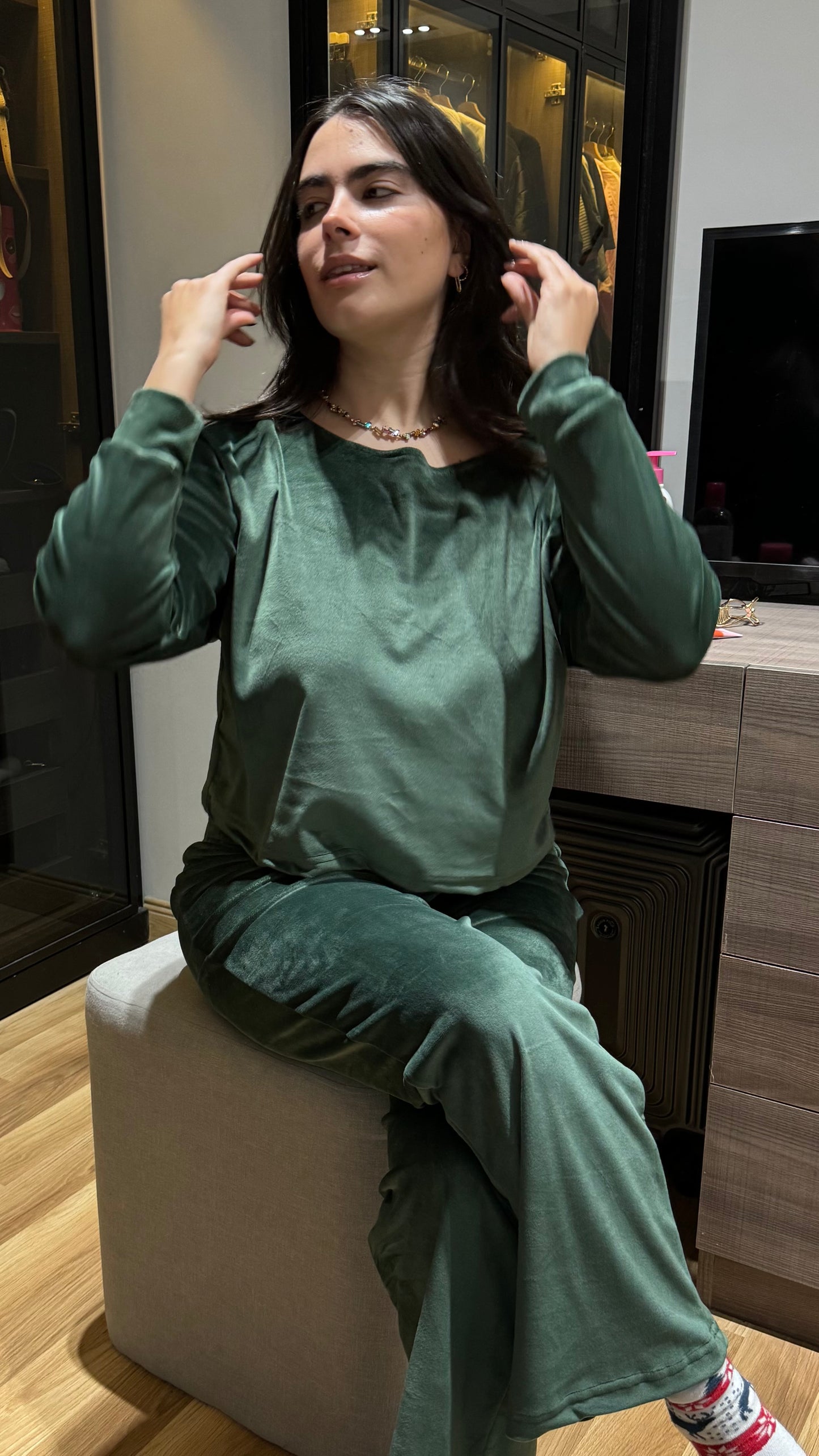 Green Wide Leg Off Shoulder - Velvet Pyjamas