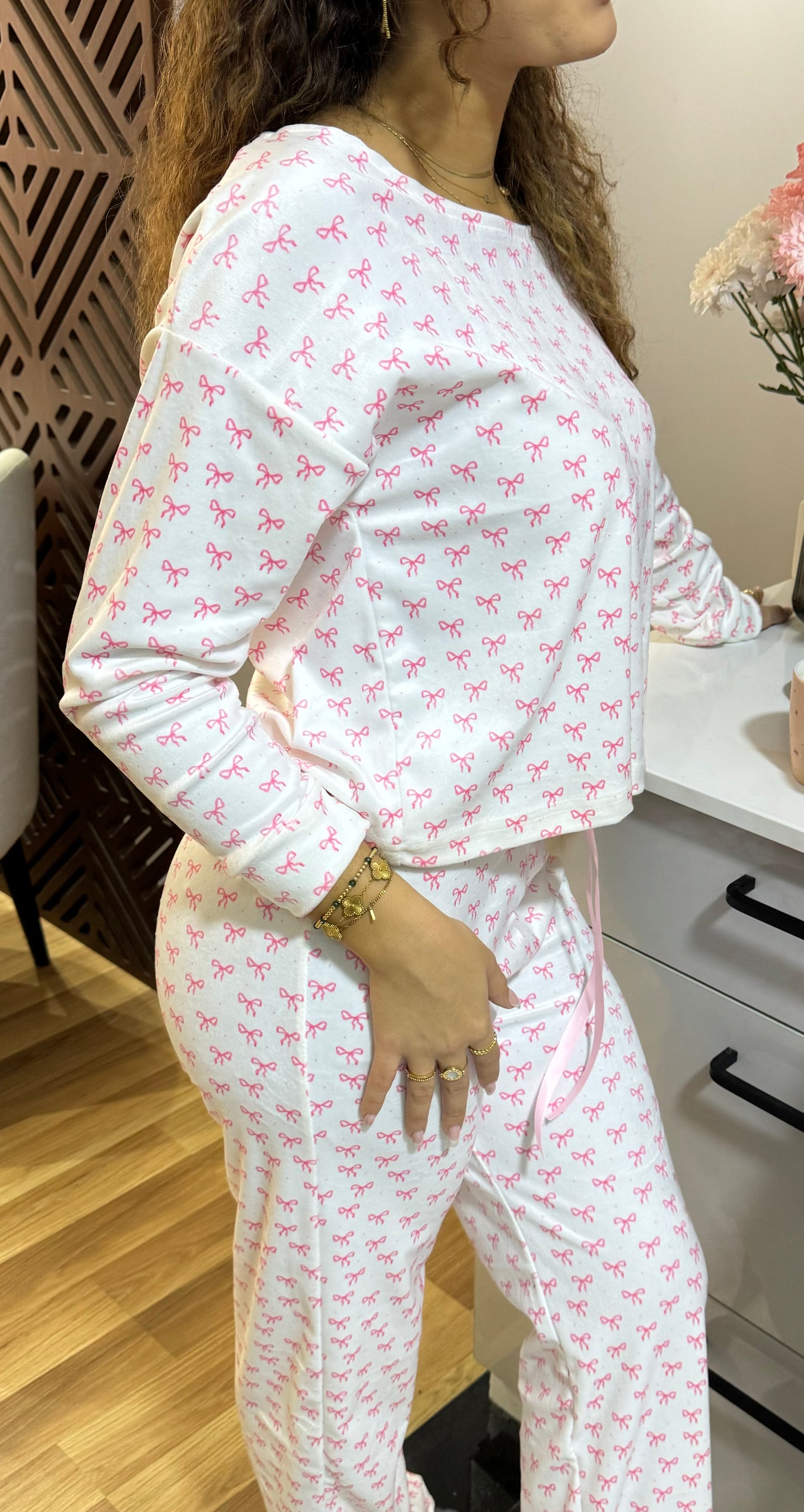 White Bows Off Shoulder - Velvet Pyjamas