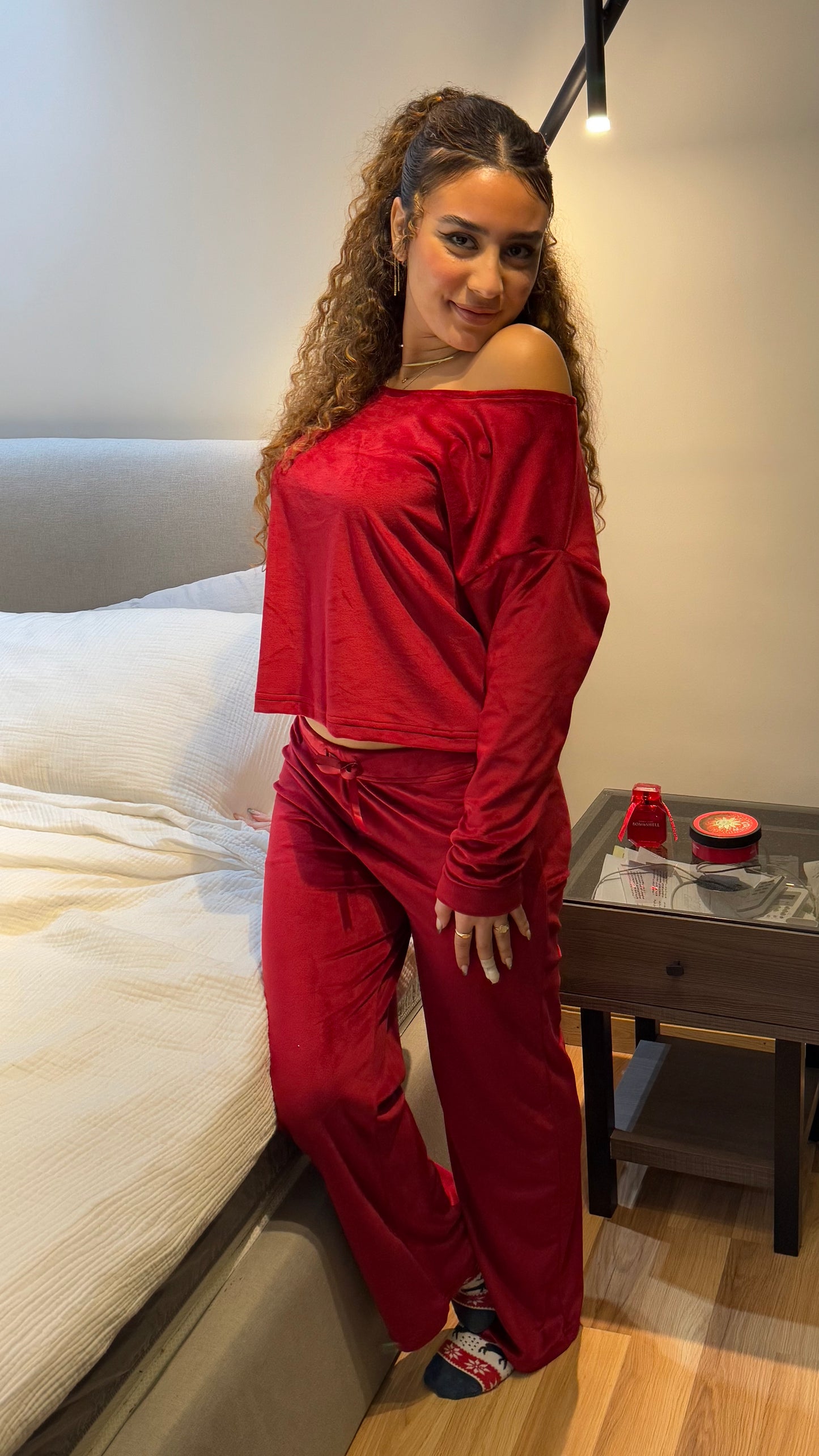 Maroon Wide Leg Off Shoulder - Velvet Pyjamas