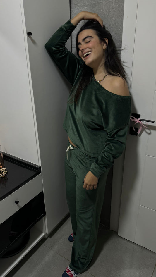 Green Wide Leg Off Shoulder - Velvet Pyjamas