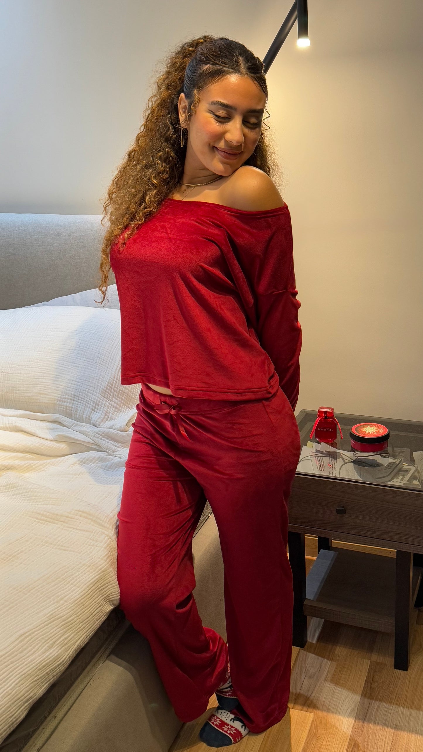 Maroon Wide Leg Off Shoulder - Velvet Pyjamas