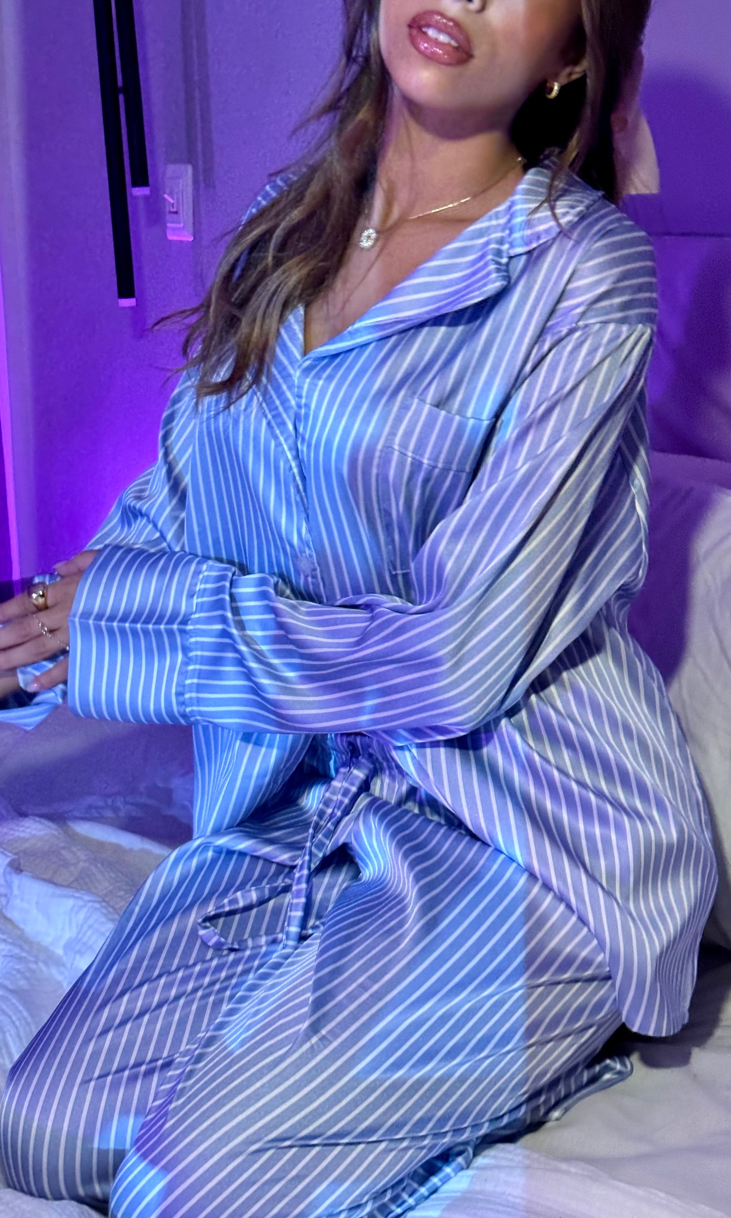 The Long Satin PJ - Blue Stripe