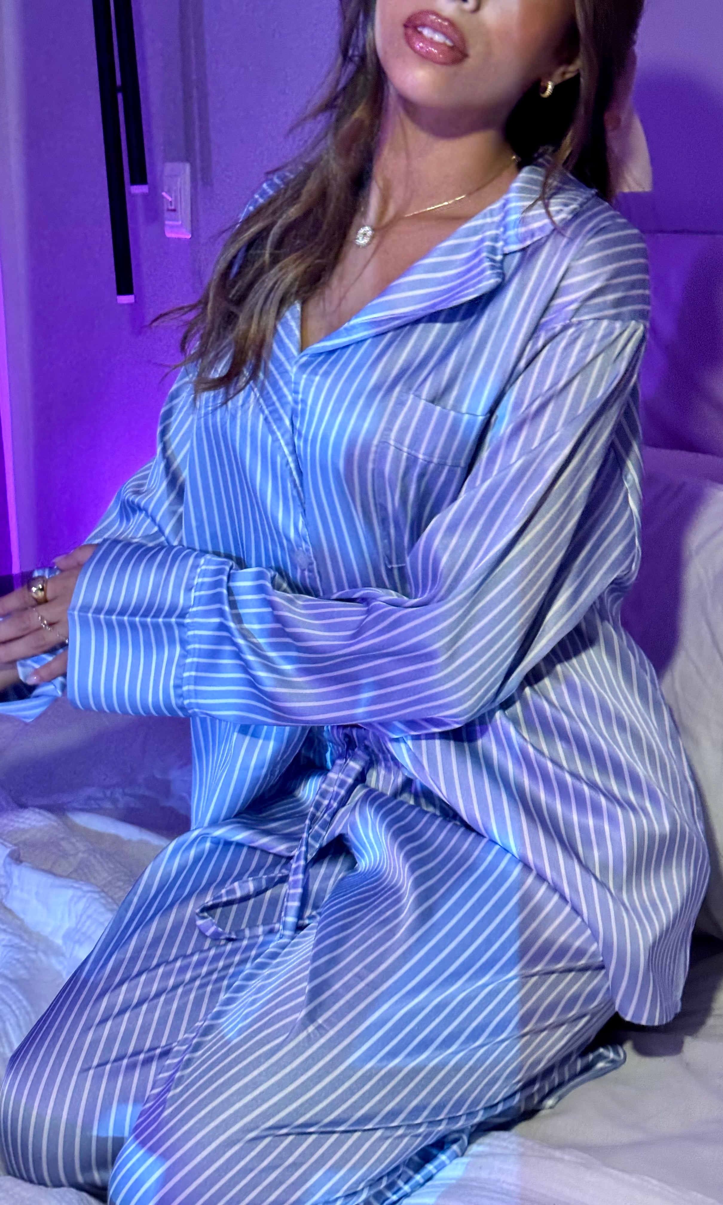 The Long Satin PJ - Blue Stripe