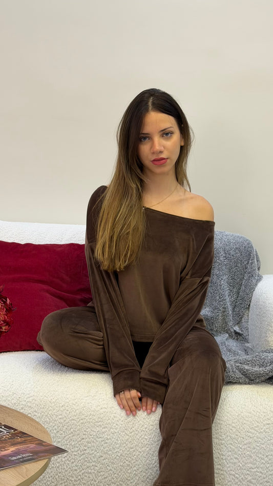 Brown Off Shoulder - Velvet Pyjamas