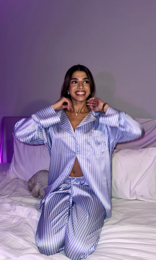 The Long Satin PJ - Blue Stripe