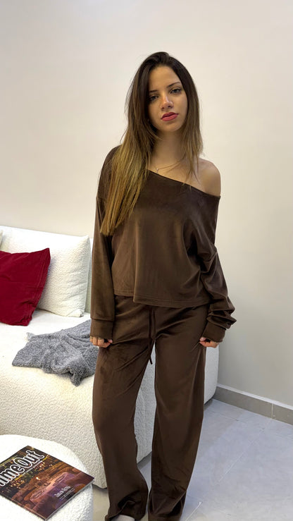 Brown Off Shoulder - Velvet Pyjamas