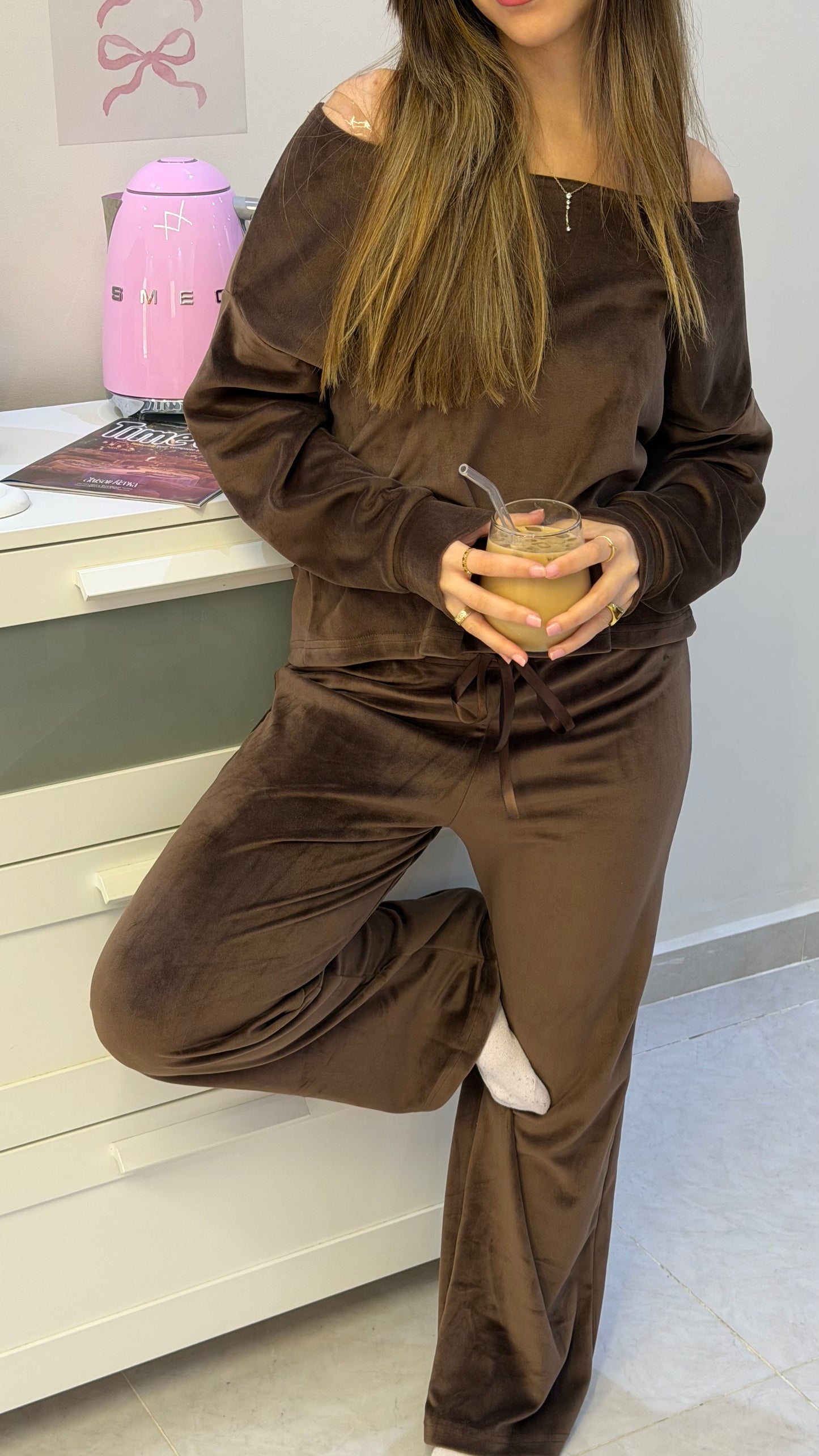Brown Off Shoulder - Velvet Pyjamas