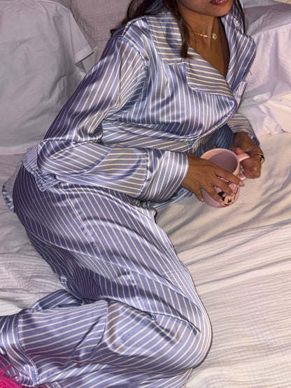 The Long Satin PJ - Blue Stripe
