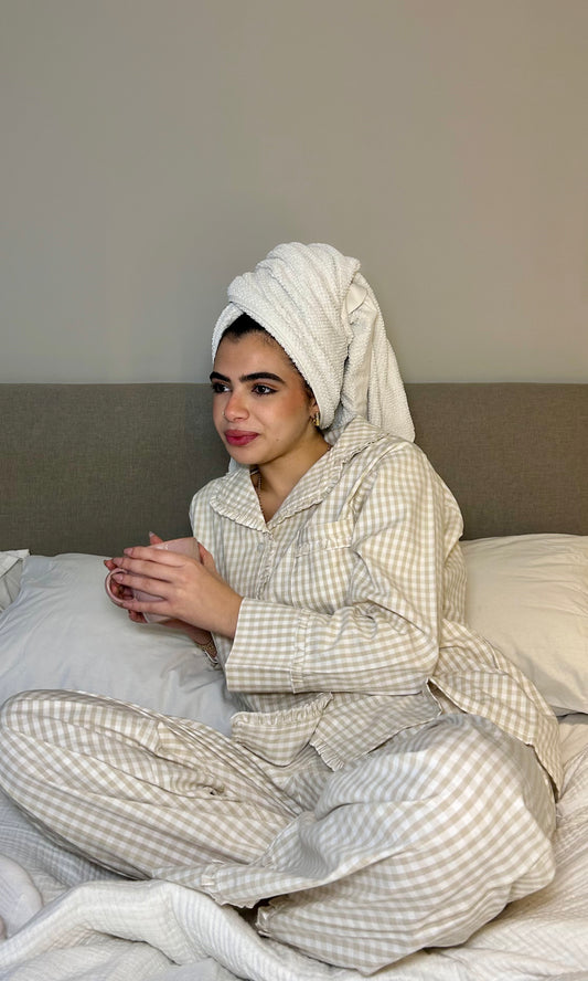The Soft Ruffle PJ – Beige Gingham (PRE-ORDER)