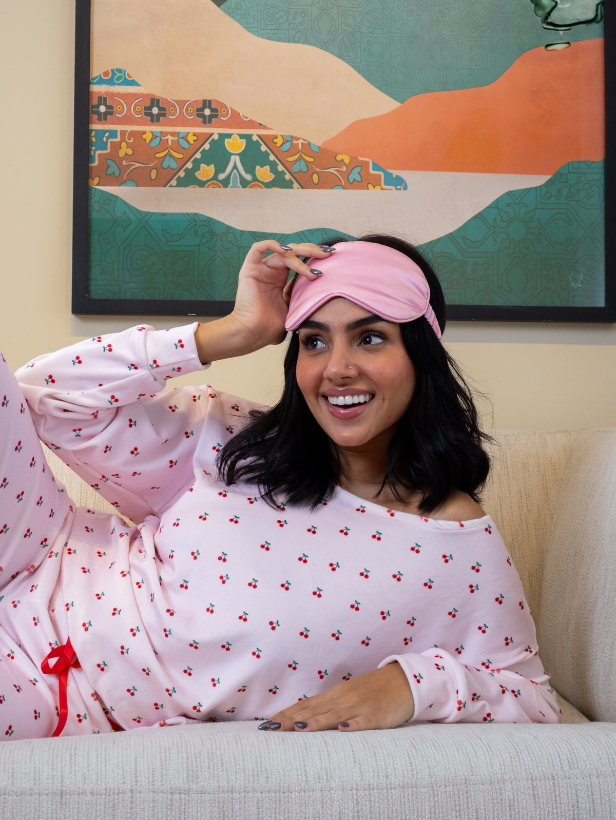 Cherries Off Shoulder - Velvet Pyjamas