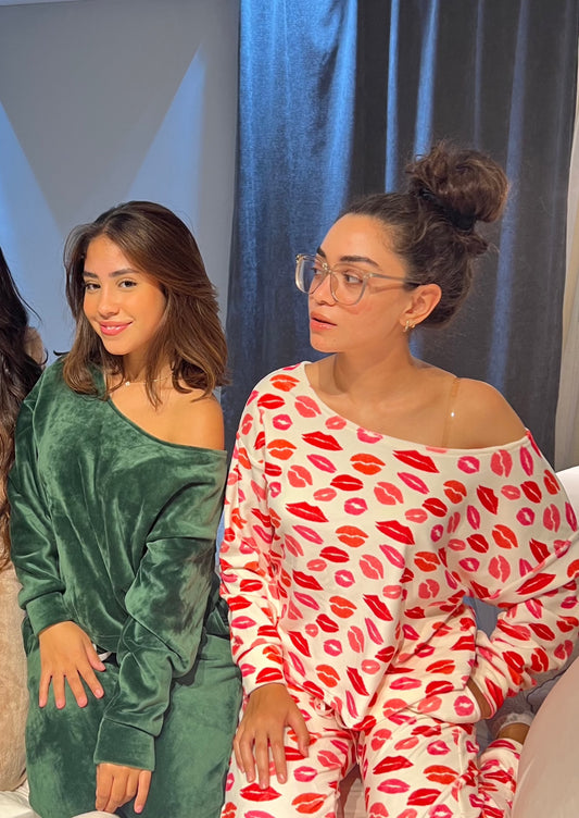 Green Off Shoulder - Velvet Pyjamas ( Not Wide Leg )